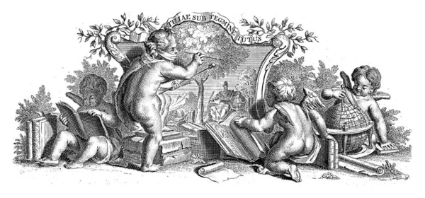 Four putti together. Two of them read books. A putto paints a landscape with a writer next to a globe under a tree.