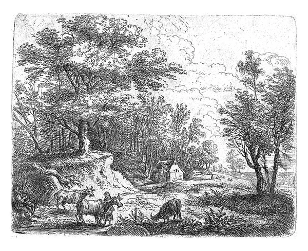 Series Twelve Landscape Three Cows Woman Far Left Seated Man — Φωτογραφία Αρχείου