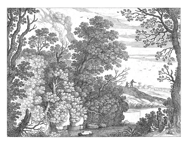 Foreground Forest Landscape Stream Right Bank Two Men Child Playing — 图库照片