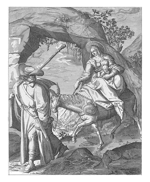 Rocky Landscape Mary Riding Donkey Christ Child Her Arms Joseph — 图库照片