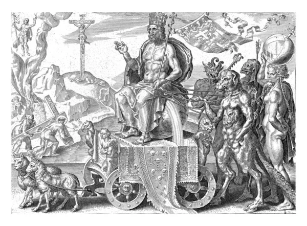 Foreground Christ Riding Triumphal Chariot Drawn Two Lambs Enthroned World — Stock Fotó