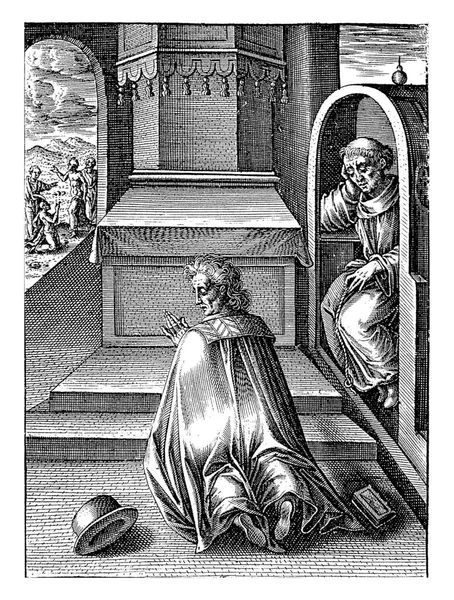 Praying Man Kneels Altar Hat Book Right Monk Sitting Confessional — Zdjęcie stockowe