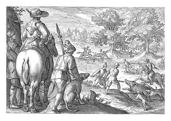 Hilly Landscape Hunters Horsemen Spears Hunting Wild Boars Left Foreground — Foto Stock