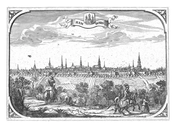 View City Hamburg Meadow City Foreground Rider Two Hunters Shepherd — Stok fotoğraf