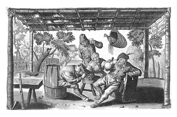 Three Farmers Drinking Smoking Old Woman Playing Cards Floor Basket — Stok fotoğraf