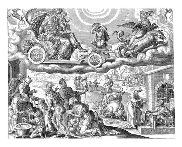 Saturn Rides His Chariot Sky Pulled Two Dragons Devours One — Stock Photo, Image