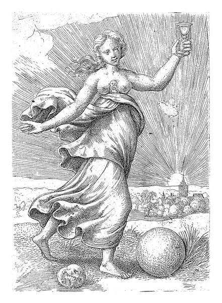 Personification Virtue Temperance Walks Landscape Hourglass Her Hand Globe Skull —  Fotos de Stock