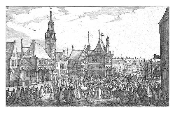 Вид Дамбу Amsterdam Покинул Старую Ратушу Шпилем Который Снесён 1615 — стоковое фото