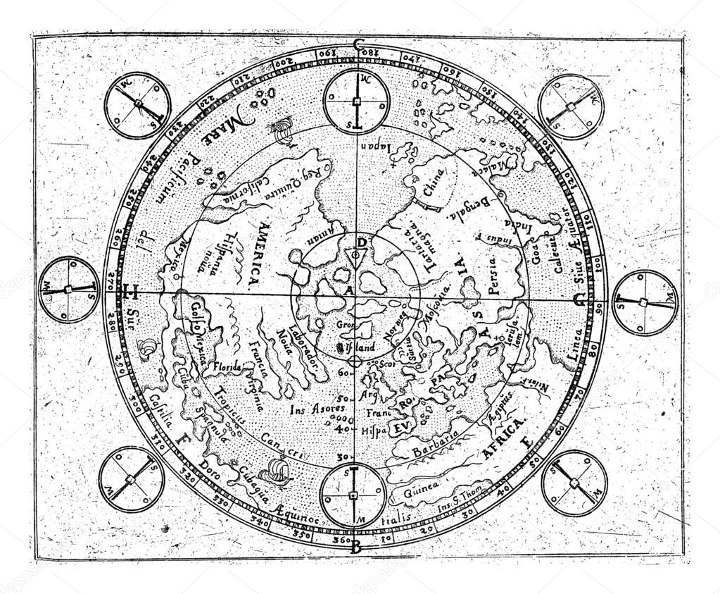 Map of the Northern Hemisphere in a polar projection. The map follows the map image of Mercator and shows several large islands at the North Pole