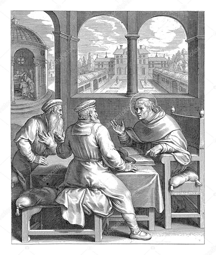 Thomas Aquinas is sitting at a table talking to two Jewish rabbis. In the background a garden and a chapel where Thomas Aquinas baptizes two men.