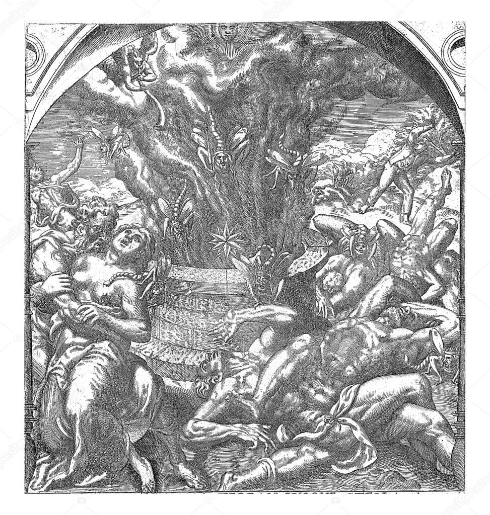 The fifth angel flies through the air and blows his trumpet. From a well in the foreground comes a dark cloud that obscures the sun