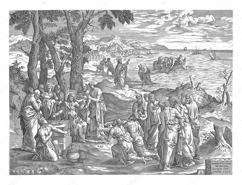 Christ multiplies the loaves and the fish among His disciples and spectators. In the background the Sea of Galilee, where fishermen in a boat cast their nets at Christ's command to catch fish