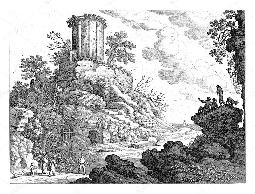 An Italian landscape with to the left on a hill the ruins of a round temple, possibly the temple of the Sibyl in Tivoli. In the left foreground are a man, two women, a child and a dog