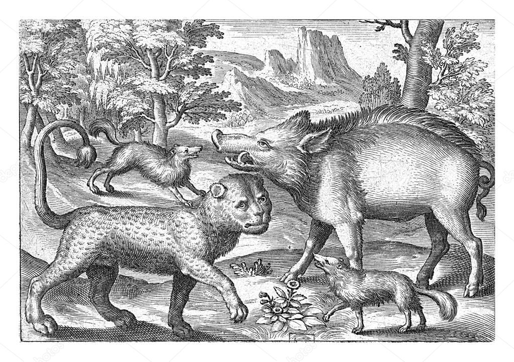 Leopard, Wild Boar and Two Dogs, Nicolaes de Bruyn, 1594