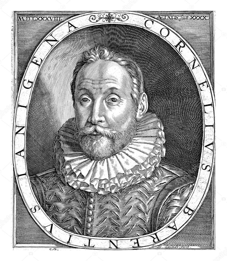 Portrait of Cornelis Jan Barents at the age of 40, in oval with edge lettering. Under the portrait his motto: Aeternitatis ad Scopum.