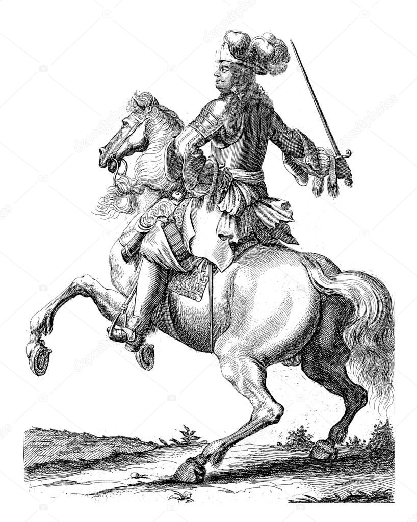 Portrait of Julius Frans of Saxe-Lauenburg, on horseback with a sword in his hand. At the bottom in the margin are name and function in Latin.