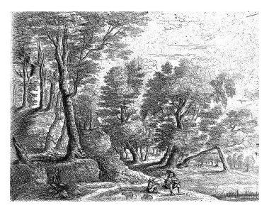 Fourth of a series of eight. Woody landscape with a seated shepherd and a boy playing a flute.