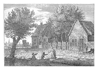 Landscape with two farms along which a path with a carriage drawn by two horses.