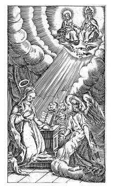 The angel Gabriel announces to Mary that she will become pregnant. Maria is kneeling by her lectern, on which is a book.