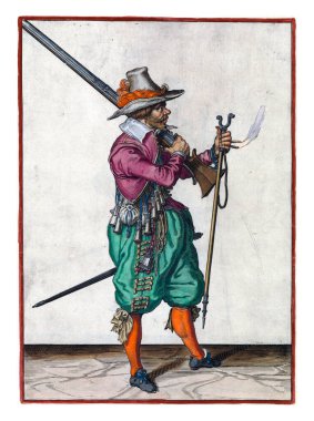 A soldier, full-length, to the right, placing a musket (a certain type of firearm) with his right hand on his left shoulder, the barrel pointing diagonally upwards