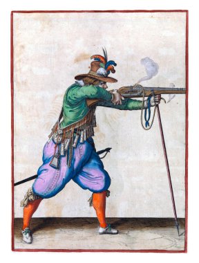 A soldier, full-length, to the right, aiming a musket (a particular type of firearm) at a target with both hands, leaning the barrel on a furket (musket fork), and firing it
