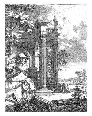 Landscape with a classical temple and in the foreground two putti with a garland under a garden vase. In the background to the right, a standing woman and a seated man are talking.