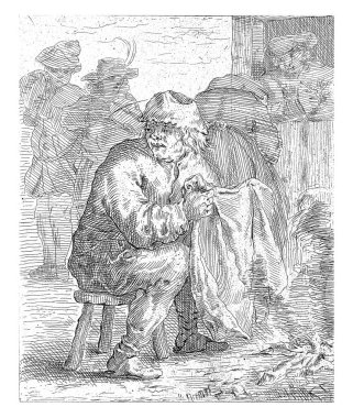 A man is sitting on a tripod holding a piece of cloth near a fire. In the background to the right a man leaning on a bottom door in front of which a woman is standing.
