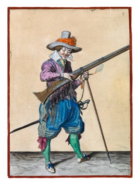 A soldier on guard, full-length, to the right, holding a musket (a type of firearm) with his left hand by the fork of the furket (musket fork) on which the barrel rests