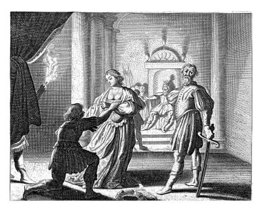 Emma the daughter of Emperor Charles, and Einhart his secretary, stand before Charles's judgment seat.