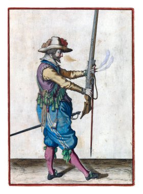 A soldier, full-length, to the right, holding a musket (a certain type of firearm) in front of him with both hands, pointing the barrel upwards, to bring it to his left