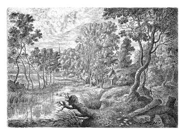 From a series of six. Landscape with a stream and a church tower in the distance.