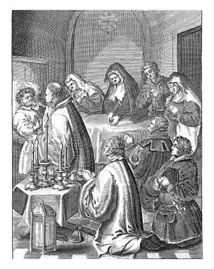 The priest administers to the dying person in bed the sacrament of the dying. Spectators kneel around the bed, on the left a table with burning candles.