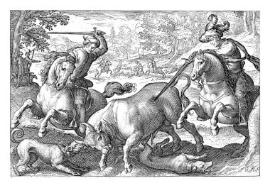 Landscape with in the foreground two horsemen with spears and two dogs chasing a bull. In the background several hunters and riders are hunting a bull