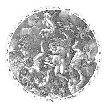 Round representation of the arrival of the accursed in hell. Devilish beings pull souls down. To depict biblical texts in Latin. clipart