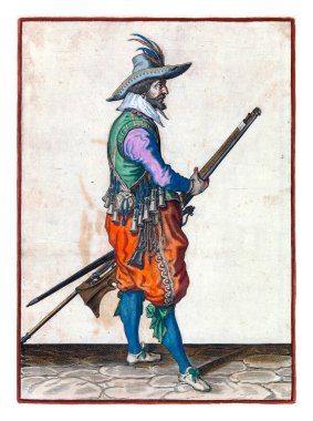 A soldier, full-length, to the right, holding a musket (a certain type of firearm) with both hands by his left thigh. In his left hand, besides the musket, also a furket (musket fork)
