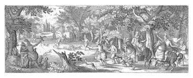 An elegantly dressed company of ladies and gentlemen, partly on horseback, watch from a forest edge how their falcons catch herons from the sky. Dogs pounce on the herons on the ground