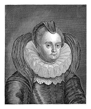 Portrait of Louise Juliana. In the bottom margin her name and two columns with six lines of Latin text each.