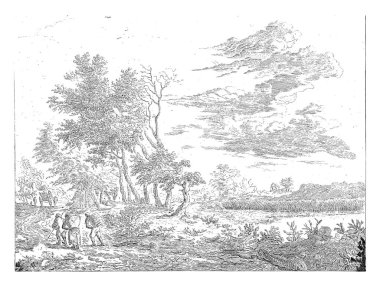 Three travelers seen from behind on their way, the one in front with staff, the rear two with packs. Left behind a carriage, on the right a lake.
