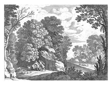 Procris, who was killed by Cephalus, sits in a landscape, surrounded by hunting dogs. Cephalus is standing next to her, holding the spear.To the right of the road,a bent shepherd walks with his sheep.