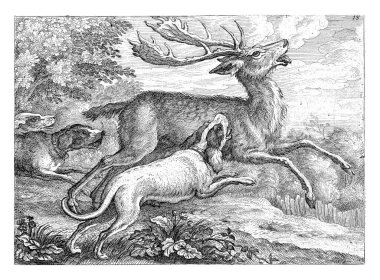 Three dogs hunt a deer in a wooded area. This print is part of a series of ten prints with different animals.