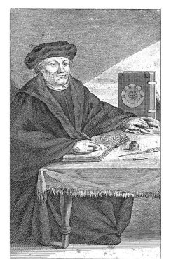 Portrait to the right full-length of Martin Luther, sitting and writing at a table. On the table an upright Bible, an inkwell, feather and a penknife.