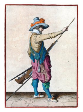 A soldier, full-length, to the right, holding a musket, with his left hand by his left thigh and pulling his ramrod out of the barrel with his right hand. In his left hand, besides the musket