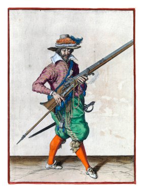 A soldier, full-length, to the right, holding a musket (a certain type of firearm) with his left hand after firing, with the barrel tilted upwards to avoid accidentally injuring a journeyman