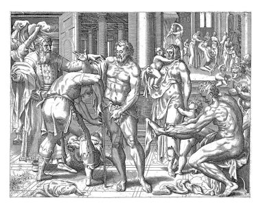 A man measures the middle figure with a ruler. On the left two men, who are carrying substances. On the right a seated naked man, putting on a stocking. Behind him a woman with a child in her arm