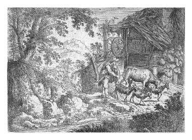 A shepherd with two cows and some goats in a landscape. In the background a barn.