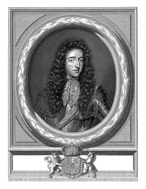 Portrait of William III in an oval of oak leaves. In the center of his coat of arms with a crown, a lion and a unicorn, decorated with the Garter and the motto of the Order of the Garter.