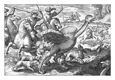 Landscape with in the foreground three horsemen with turban and spears and four dogs chasing an ostrich. One dog bites the ostrich's leg. In the foreground right the head of an ostrich