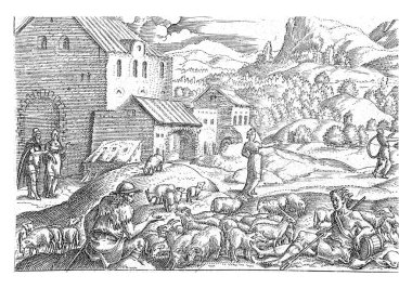 Sarah sends her pregnant servant Hagar away. On the left you can see how Sarah consults Abraham about what to do with Hagar. Sara is standing in the middle. On the right the fleeing Hagar.