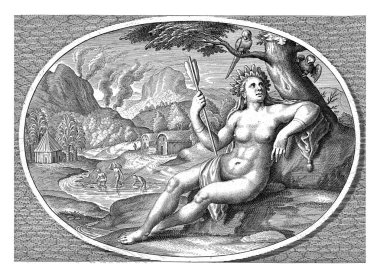Female personification of America's continent as a woman with a headdress of feathers and arrow in a landscape, Cornelis van Dalen (II), 1648 - 1664