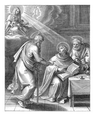 Thomas Aquinas is surprised in his study by Peter and Paul. He has a vision of Mary with the Child. Print from a series of 30 prints depicting the life story of Thomas Aquinas.